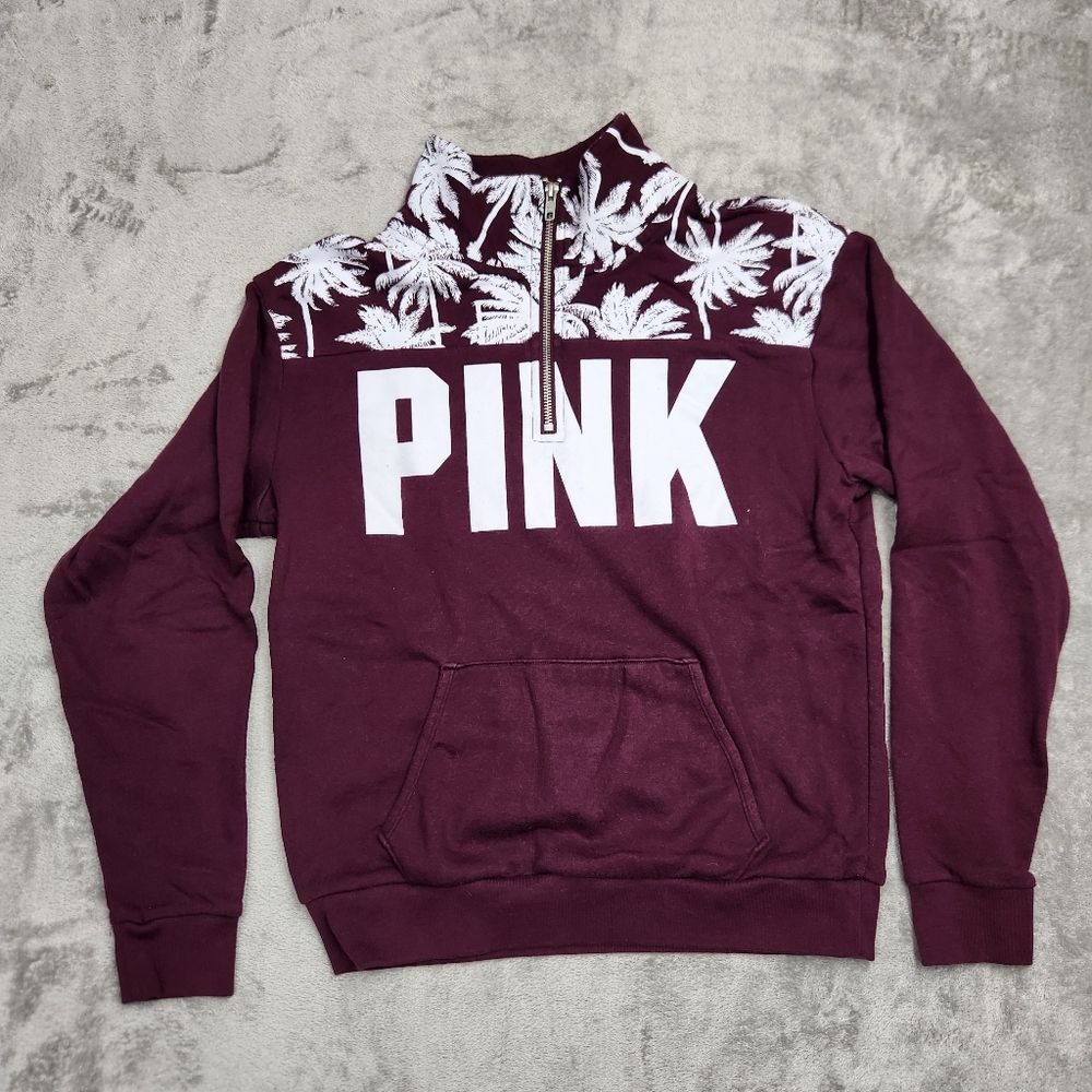 Victoria's Secret PINK Dark Orchid w/ White Tropical Palm Perfect Quarter Zip XS